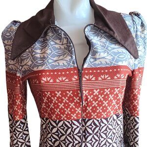 Vintage Small Scandinavian Top 1OF1 Print Zip-Up 1970's Boho Big Collar Handmade